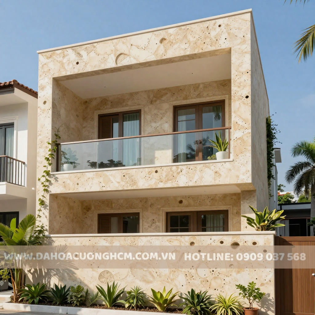 Ốp đá travertine mặt tiền nhà phố – tone kem ấm áp