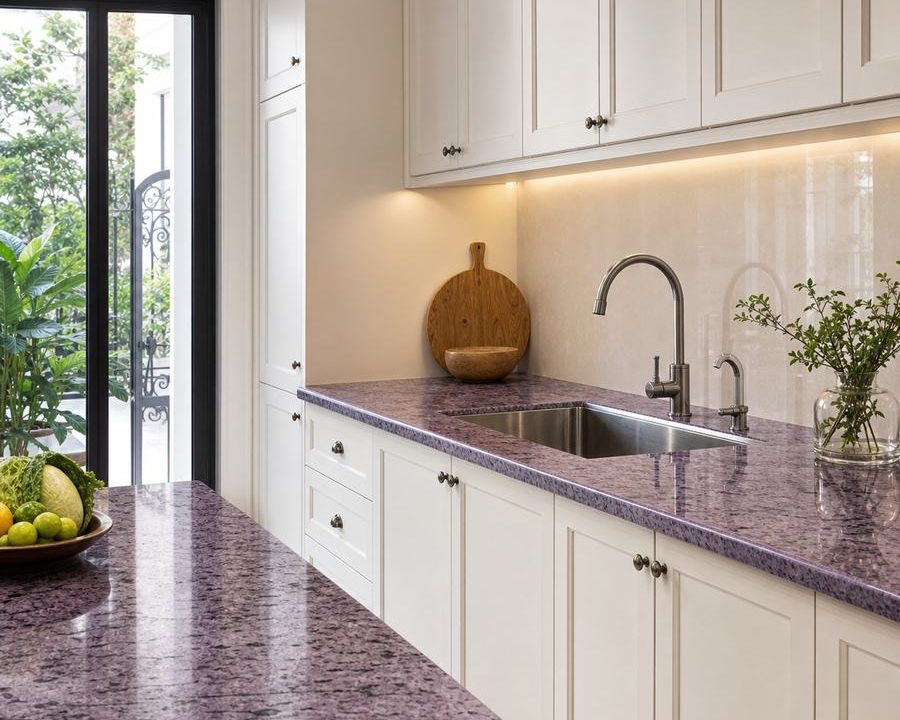 Đá Tím Hoa Cà ốp mặt bếp trong nhà phố hiện đại