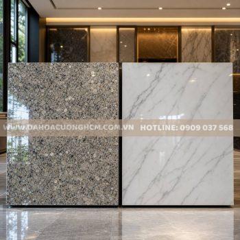So sánh đá granite và đá marble cẩm thạch trong showroom đá