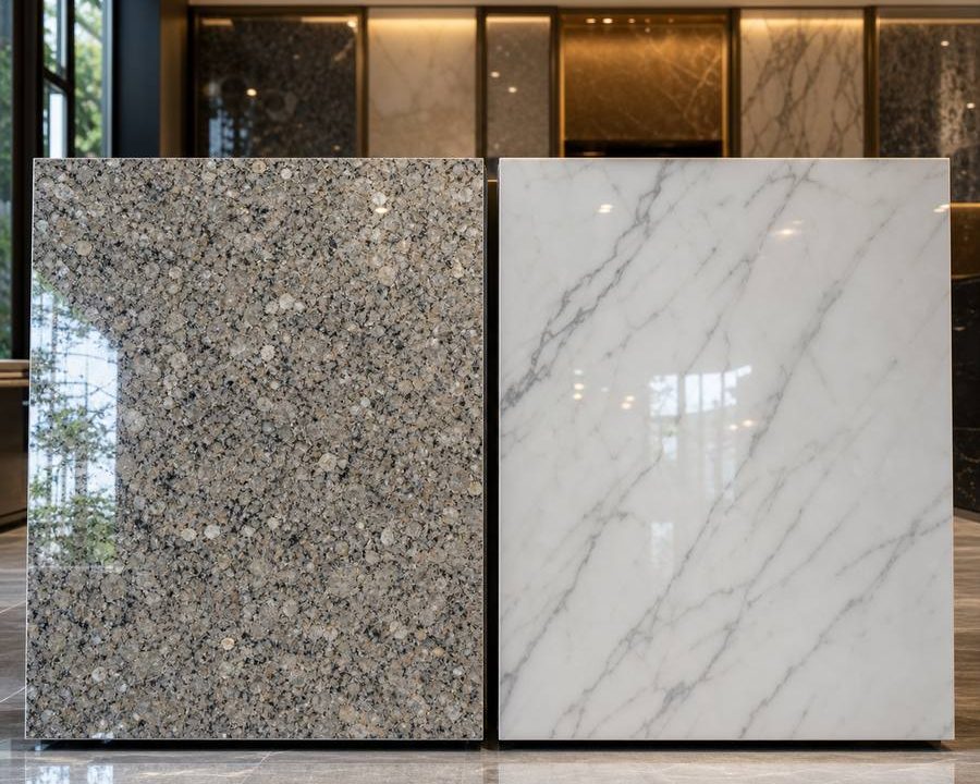 So sánh đá granite và đá marble cẩm thạch trong showroom đá