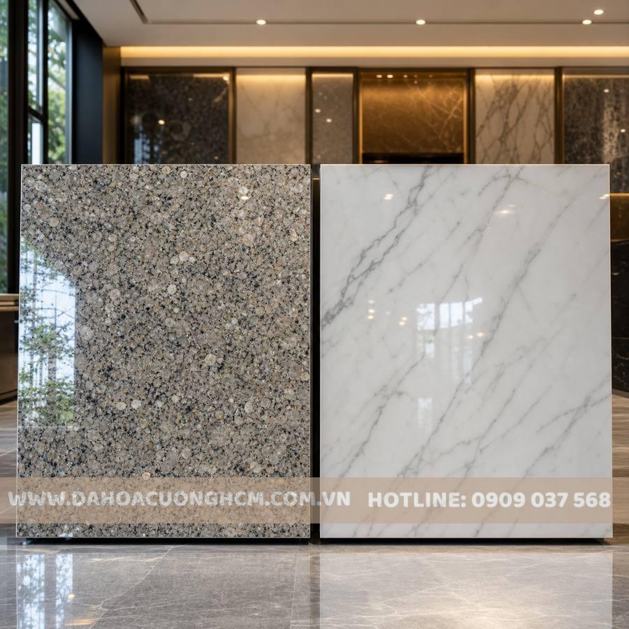 So sánh đá granite và đá marble cẩm thạch trong showroom đá