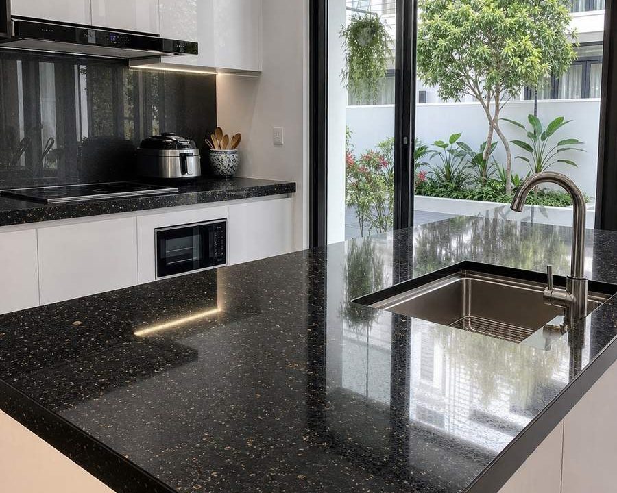Đá granite đen kim sa làm mặt bếp hiện đại