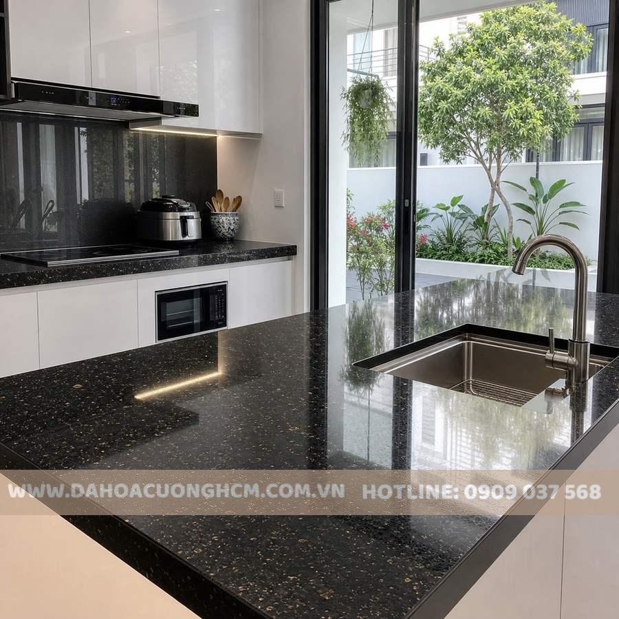 Đá granite đen kim sa làm mặt bếp hiện đại