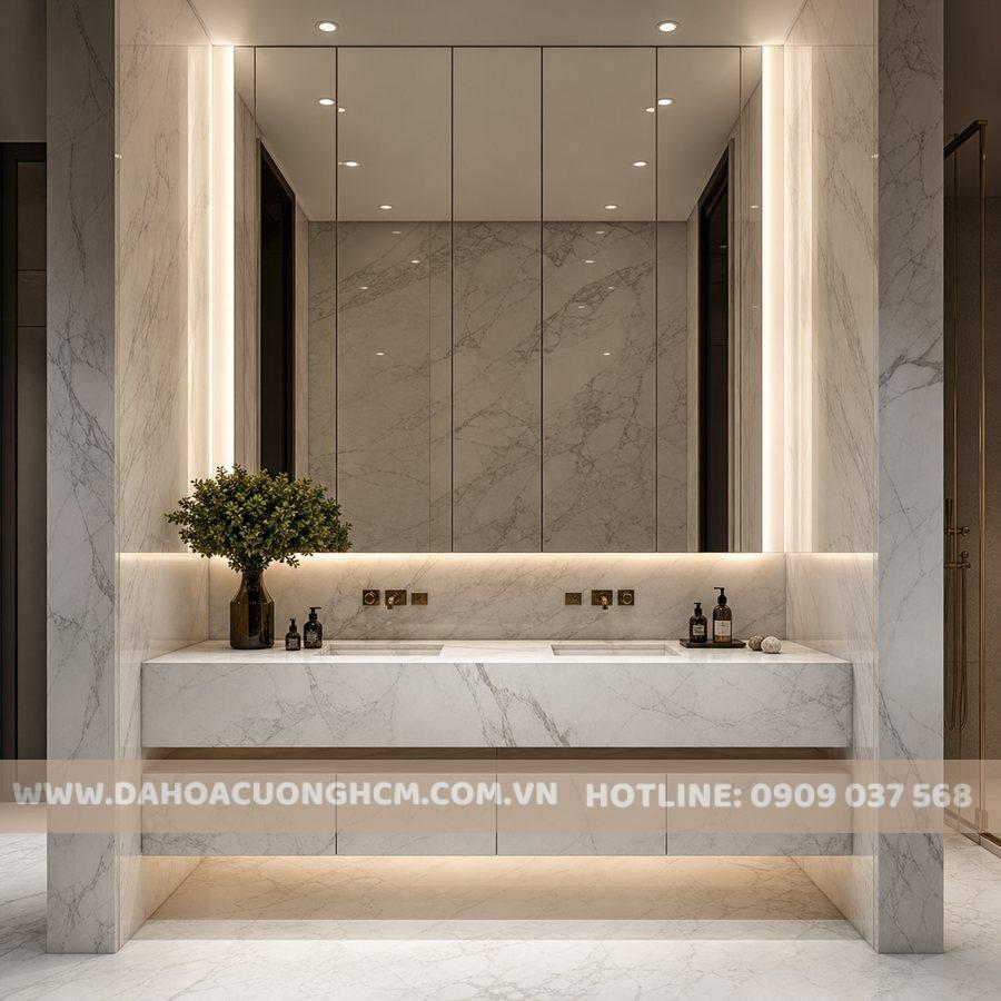 Lavabo và tường đá marble cẩm thạch vân mây sang trọng