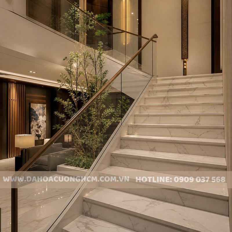 đá marble trắng vân xám ốp cầu thang biệt thự
