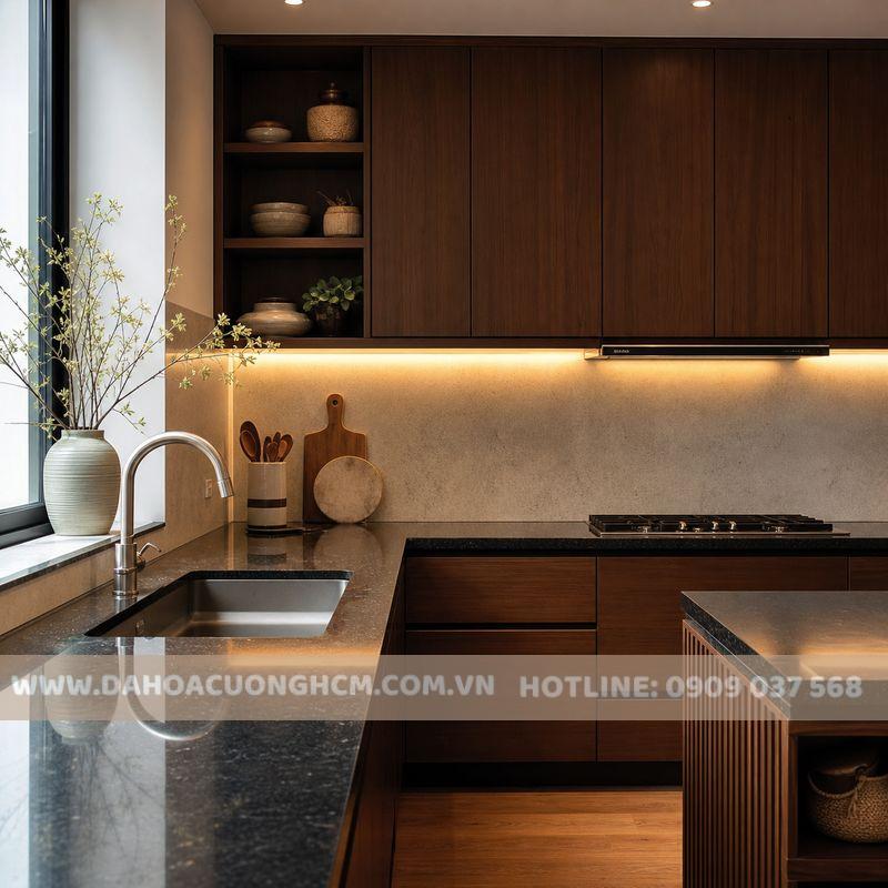 Mẫu đá bếp đẹp 2026 với mặt bếp granite hiện đại